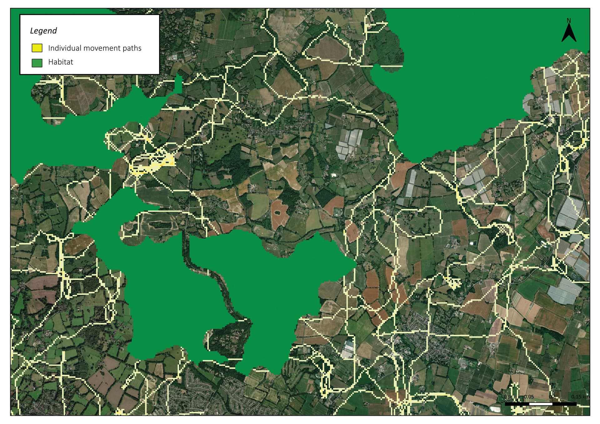 A map of a green area with lots of trees