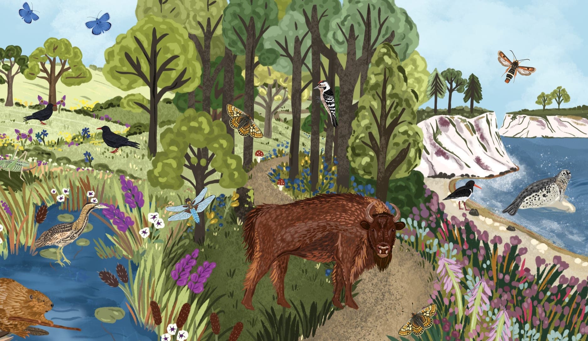A painting of a brown cow standing in a forest next to a body of water