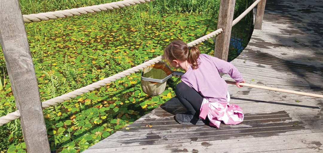 A young girl kneeling down on a wooden bridge