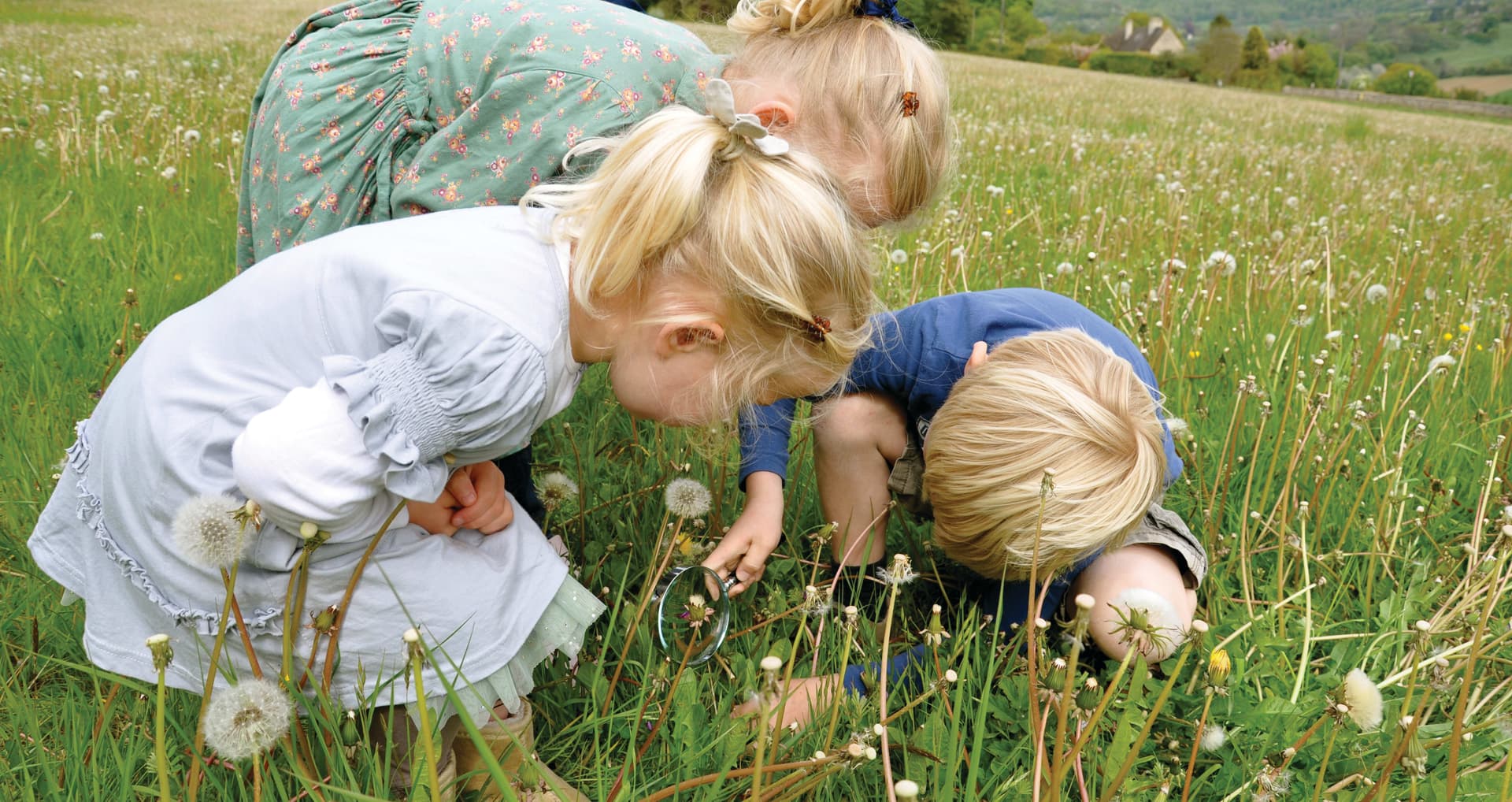 Two little girls playing in a field of grass