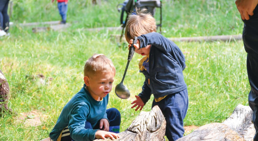 Two young boys playing with a ball in the grass