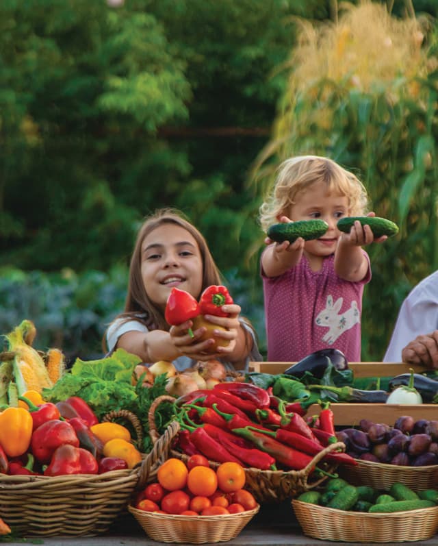 A group of children standing around a table filled with fruits and vegetables