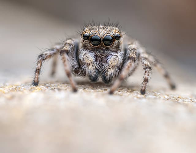 A close up of a jumping spider on the ground