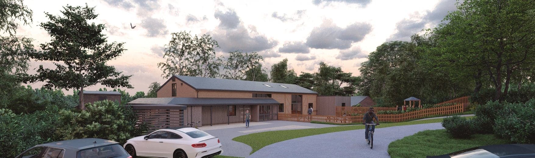 A rendering of a driveway with cars parked on it
