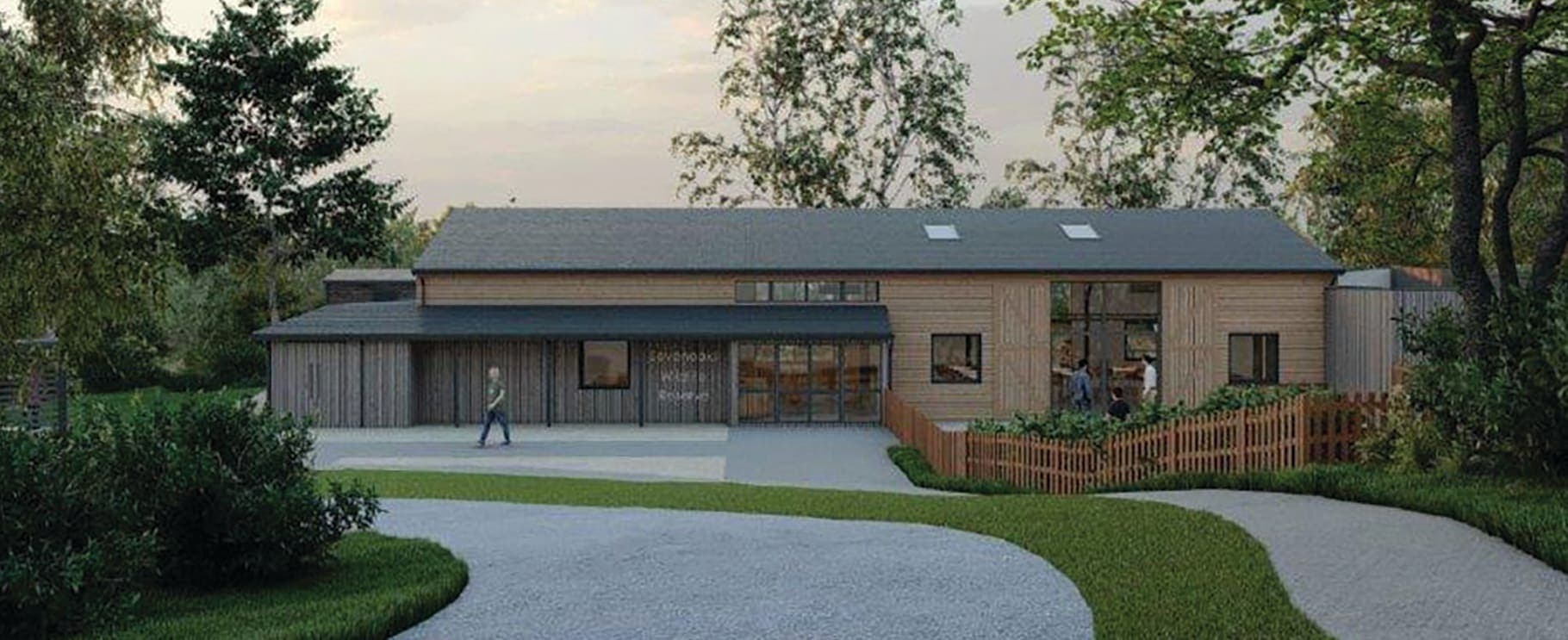 An artist's rendering of a house in the woods