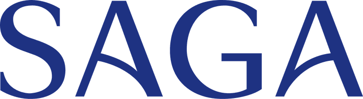 A green and blue logo with the words saga on it