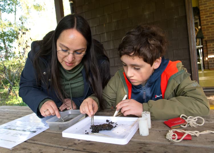 A woman and a boy are sitting at a picnic table